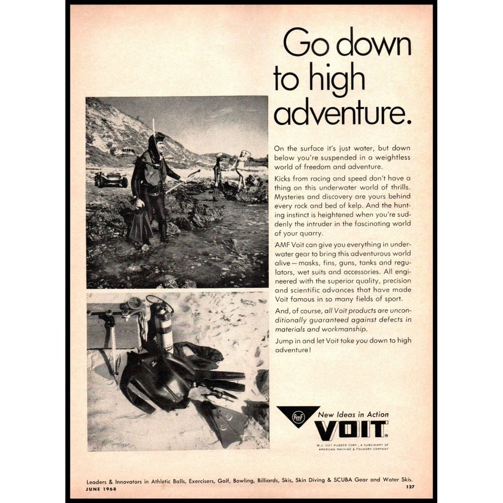 1968 AMF Voit Snorkeling SCUBA Gear Vintage Print Ad Ocean Coast Sport Wall Art